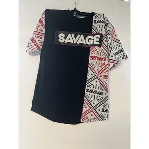 Boys "Savage" Graphic T-Shirt Black‎ & White Split Design Size M